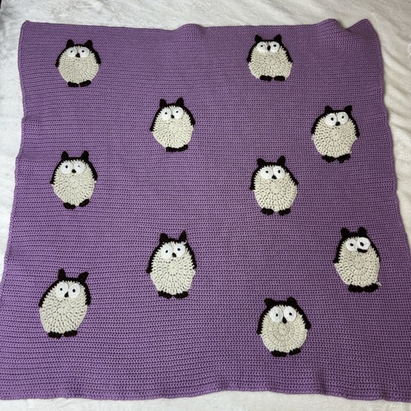 Handmade Other - Hand Crocheted Purple With Owls Baby Blanket 41" X 41"
